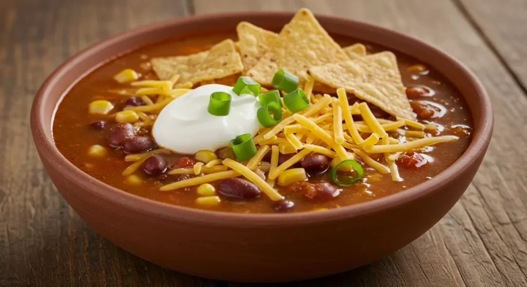 A close-up of a bowl of taco soup garnished with shredded cheese, sour cream, green onions, and tortilla chips, showcasing its hearty and vibrant ingredients