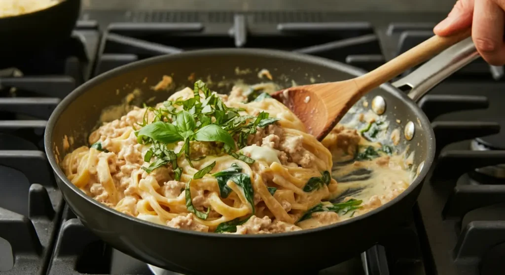 A skillet cooking cheesy ground chicken pasta with a creamy sauce in a rustic kitchen setting