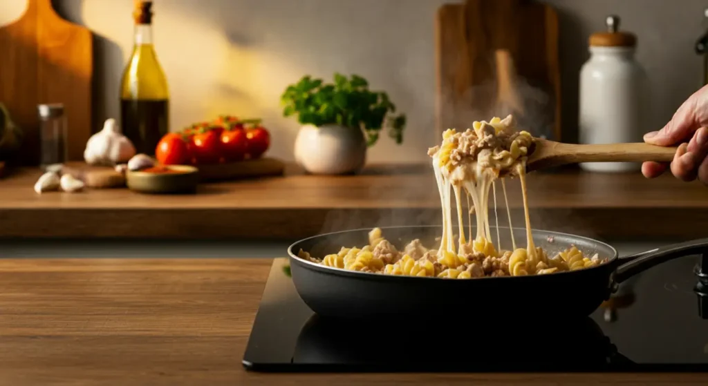 A chef stirring creamy ground chicken pasta in a skillet, melting cheese and fresh basil added