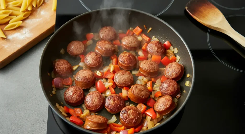 Cooking-Sausage-and-Vegetables