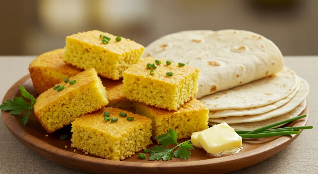 A mix of bread and tortillas on a serving plate