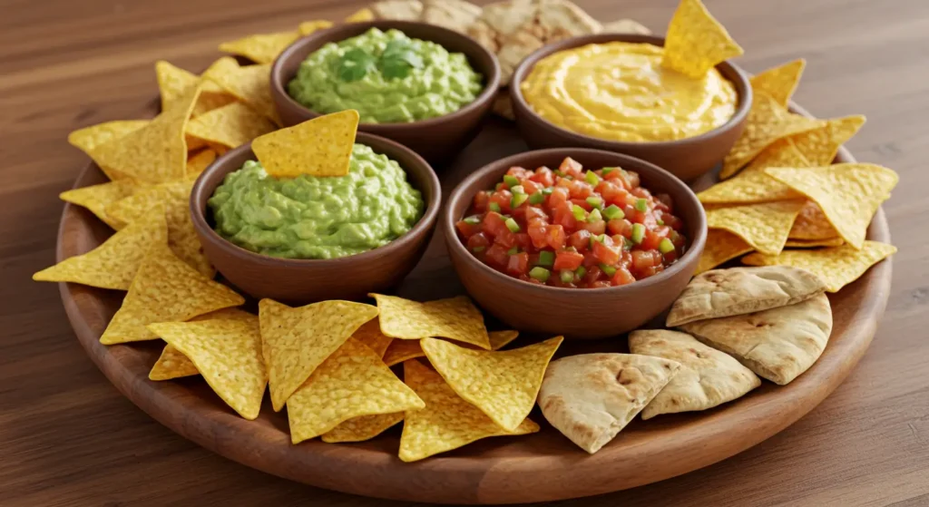 Dips with tortilla and pita chips on a wooden platter