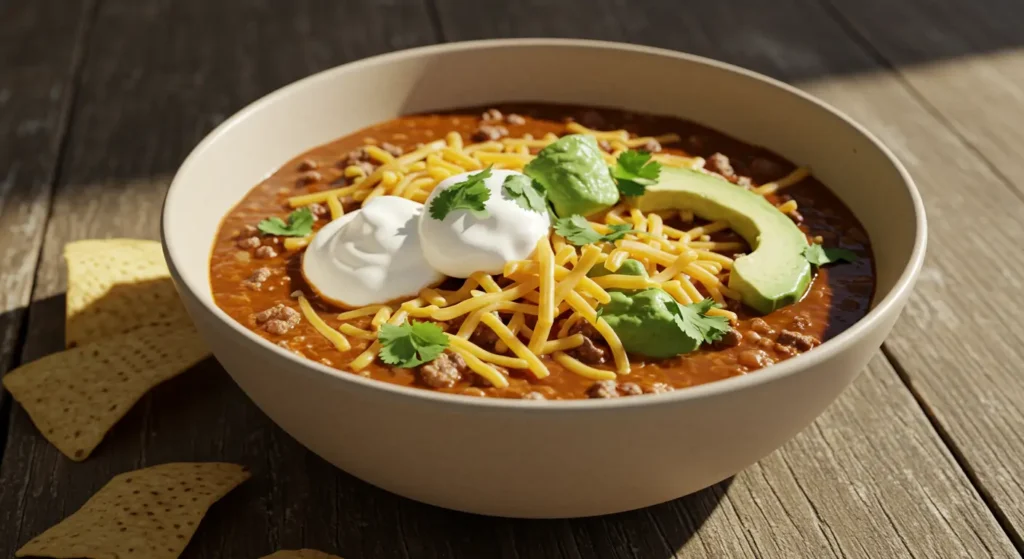 Taco soup with cornbread and tortilla chips on a wooden table