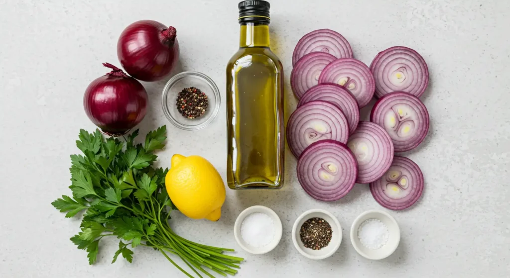 Ingredients for cebolla ensalada including red onions, olive oil, lemon, and parsley