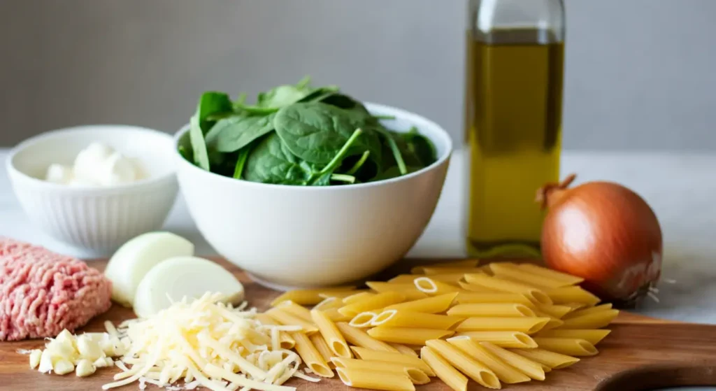 Fresh spinach, grated cheese, uncooked pasta, garlic, and onion laid out for cheesy ground chicken pasta