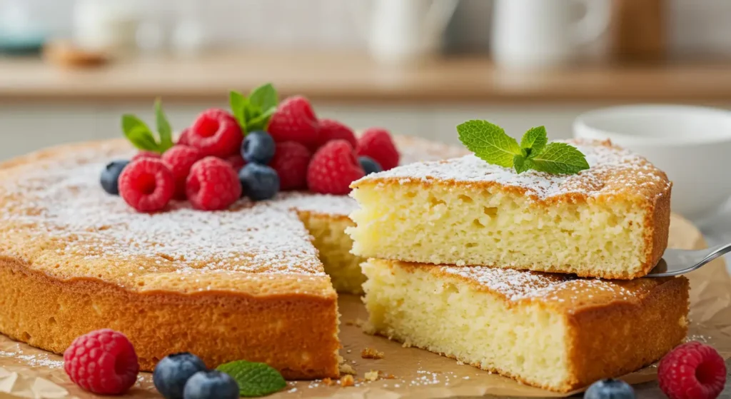 Kefir-sheet-cake-topped-with-powdered-sugar-and-mint