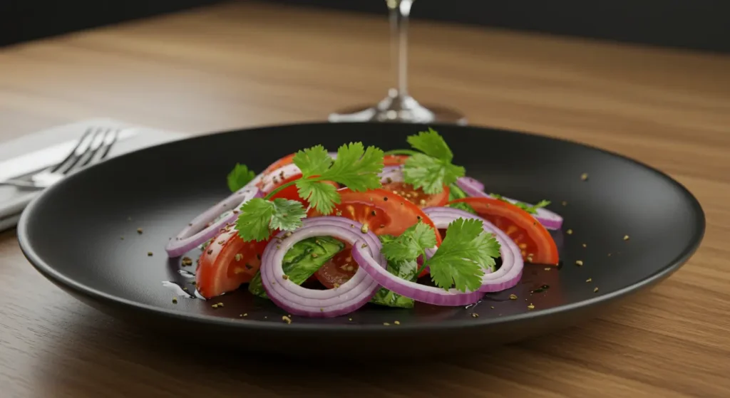 A plated cebolla ensalada with tomatoes and herbs, ready to serve