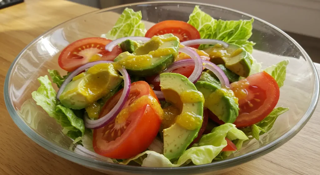 A colorful avocado and tomato salad in a glass bowl