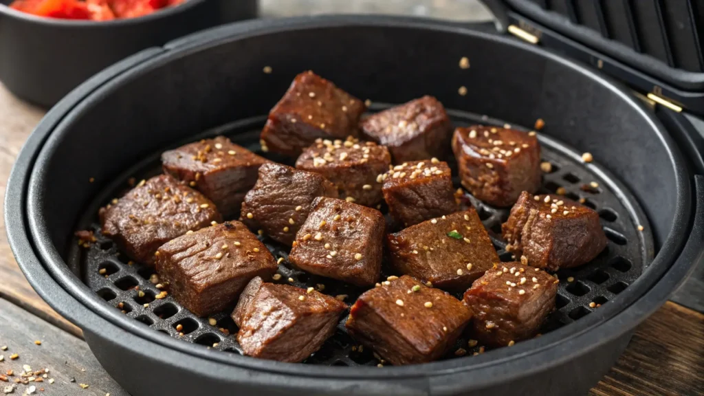 Seasoning tender steak bites for the air fryer, showcasing juicy, flavorful steak chunks.