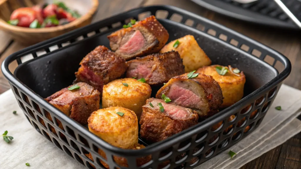 Golden brown air fryer steak bites in a basket, perfectly crispy and juicy on the inside.