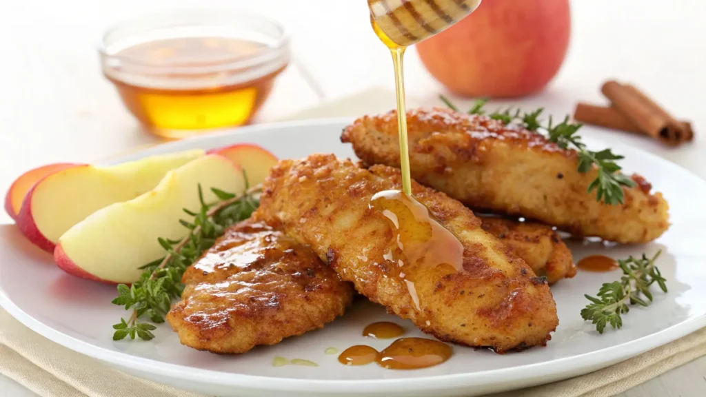 Golden-brown apple and honey-glazed chicken tenders drizzled with sweet glaze, garnished with fresh apples and herbs for a delicious meal.