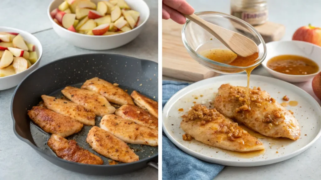 Step-by-step cooking images of apple and honey-glazed chicken tenders, from seasoning to glazing and the final delicious plated dish.