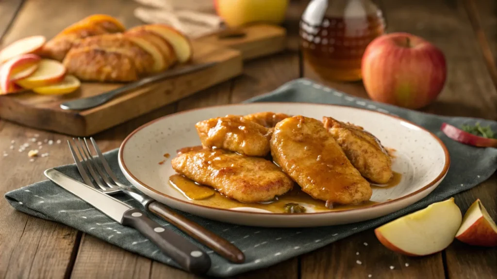 Delicious apple and honey-glazed chicken tenders served on a rustic plate with apple slices, ready to enjoy in a cozy setting.