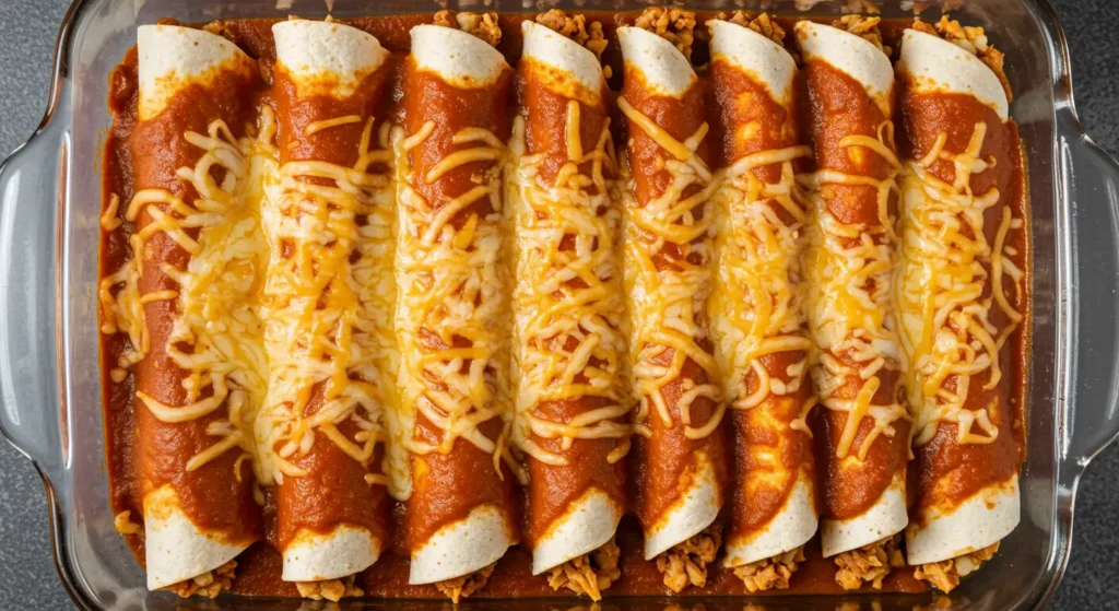 Rolled enchiladas topped with sauce and cheese in a baking dish