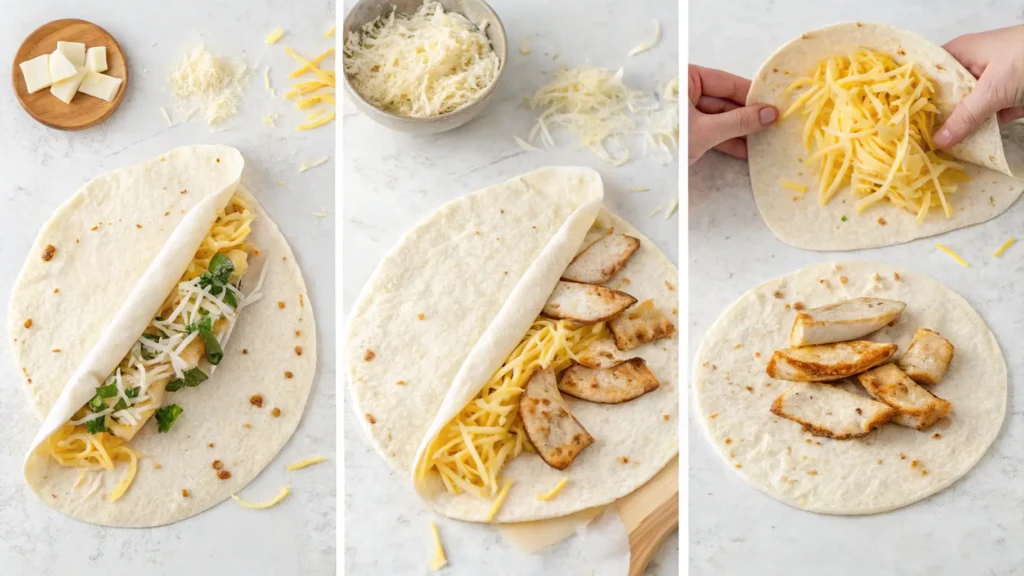 Step-by-step image showing the assembly of cheesy garlic chicken wraps with chicken, cheese, and garlic on a tortilla.