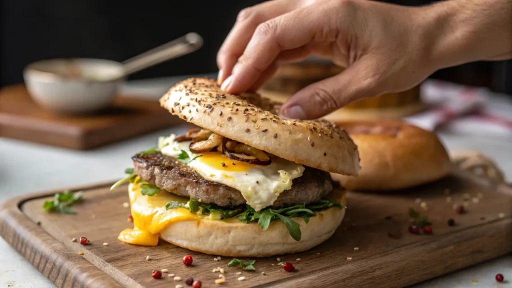 A hand assembling the perfect steak egg and cheese bagel, layering steak, egg, and cheese inside a fresh bagel, ready to be enjoyed.