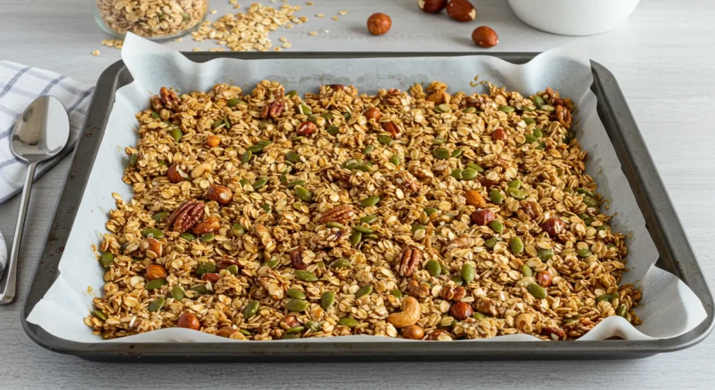  A baking sheet with a layer of granola mixture spread evenly and ready for the oven