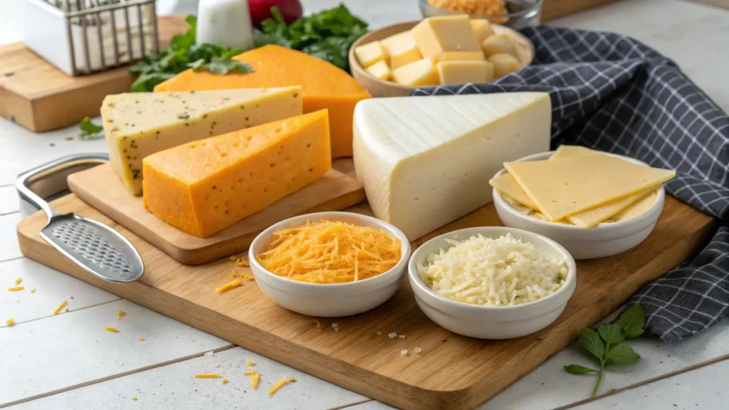 A selection of cheddar, mozzarella, and gouda cheeses on a cutting board, ideal for making chicken and cheese jalousie.