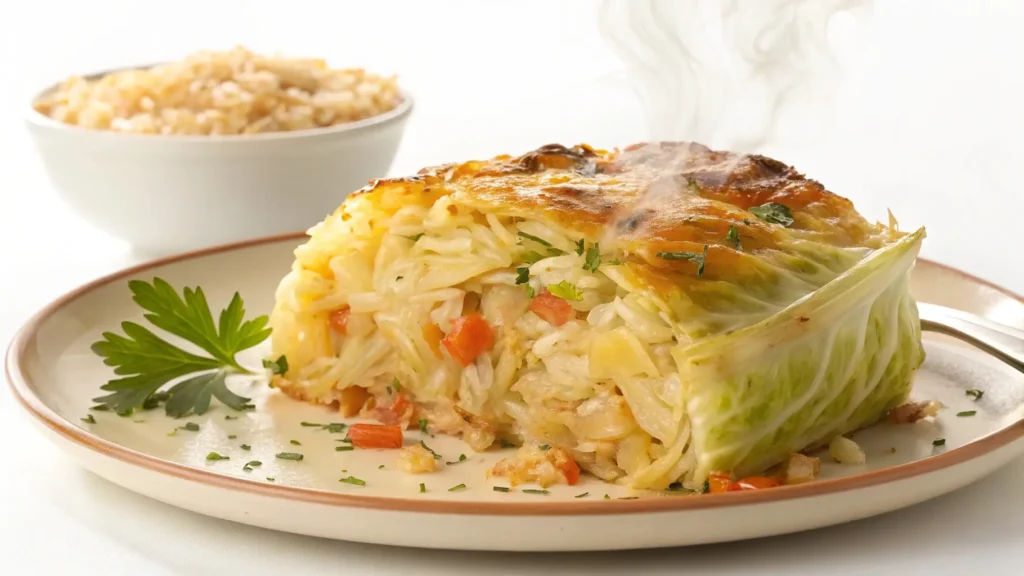 A fresh, golden-brown cabbage and rice casserole served on a plate, showcasing a healthy and delicious comfort food recipe.