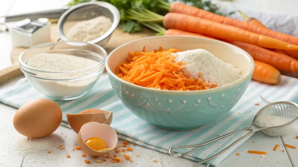 A close-up view of mixing ingredients for carrot cake with cream cheese frosting in a bright kitchen.