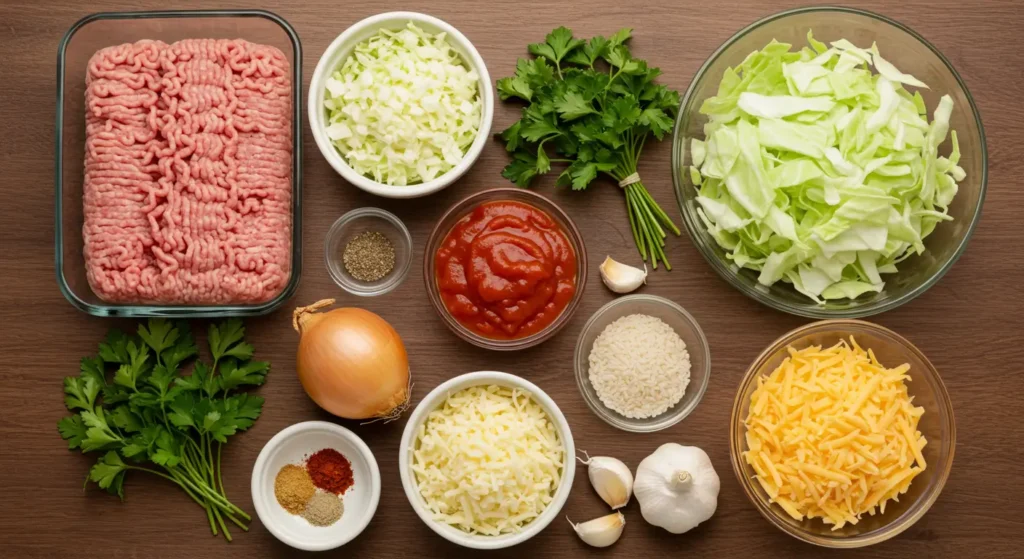 Fresh ingredients for turkey cabbage casserole, including ground turkey, cabbage, rice, tomato sauce, garlic, and seasonings.