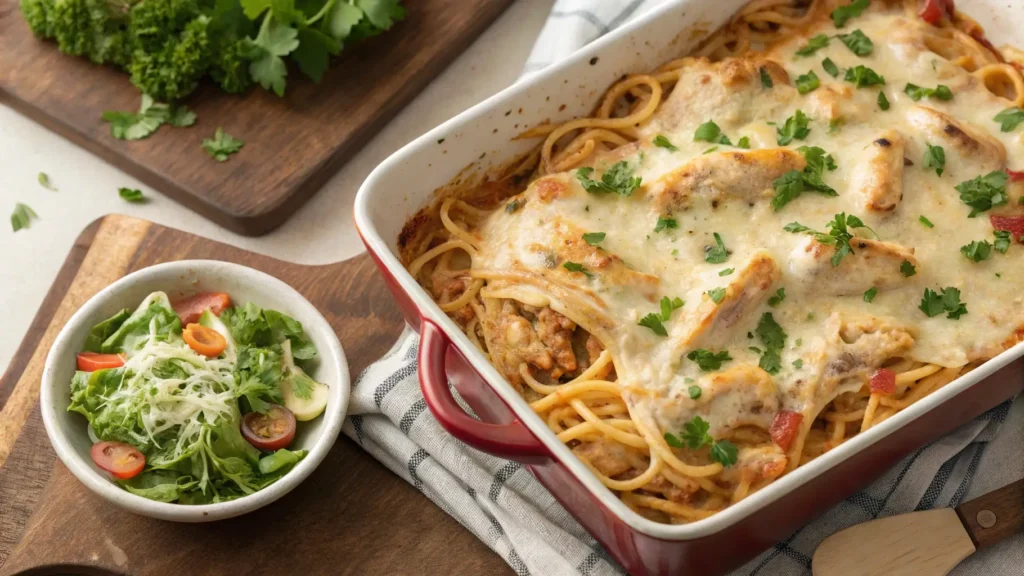 Cheesy chicken spaghetti casserole with melted cheese, garnished with parsley, perfect for a comforting meal with a fresh salad.