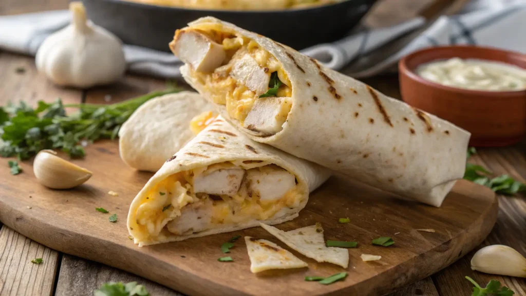 Close-up of a cheesy garlic chicken wrap with melted cheese, garlic, and tender chicken inside, placed on a rustic wooden table.