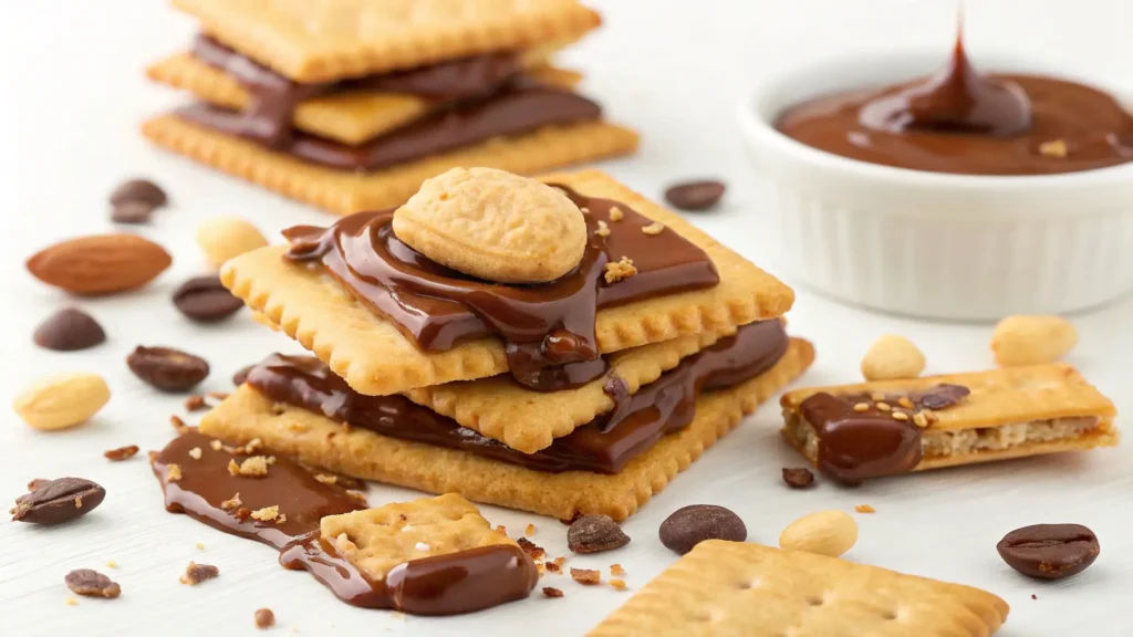 Close-up of a delicious Cheez-Its peanut butter and chocolate snack, showcasing the creamy peanut butter and melted chocolate on the crackers.