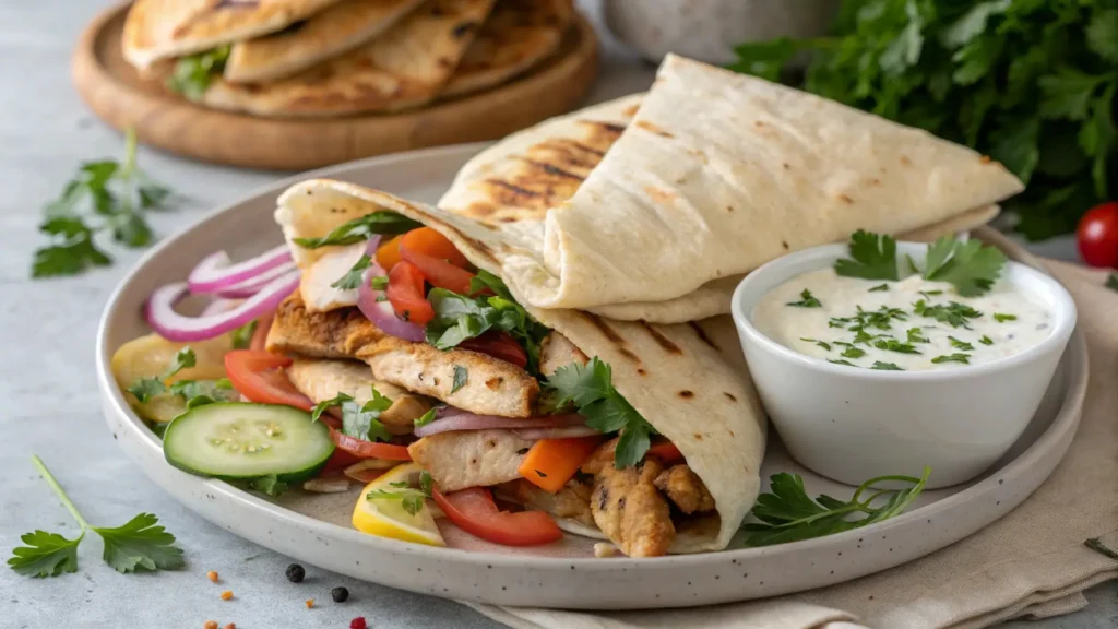 Delicious chicken shawarma served with pita bread, fresh vegetables, and yogurt sauce, perfect for a wholesome meal.