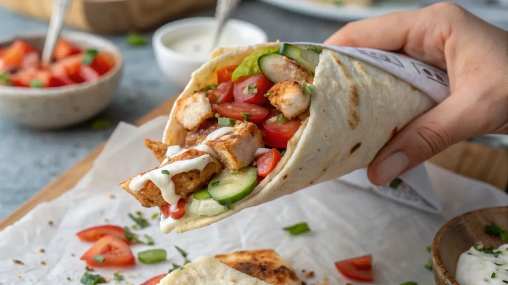 Hand holding a chicken shawarma wrap filled with vibrant toppings, demonstrating a popular variation of the dish.