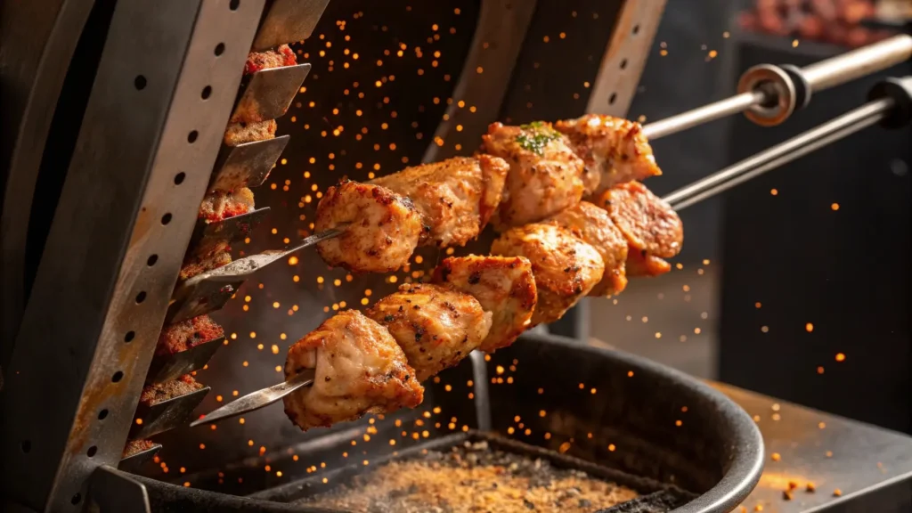 Marinated chicken skewers cooking on a vertical rotisserie with visible spices, showcasing the slow-cooked process of chicken shawarma.