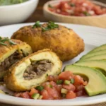 Crispy papas rellenas filled with savory ground beef and olives, served with fresh avocado slices and salsa de pebre, a traditional Chilean dish.