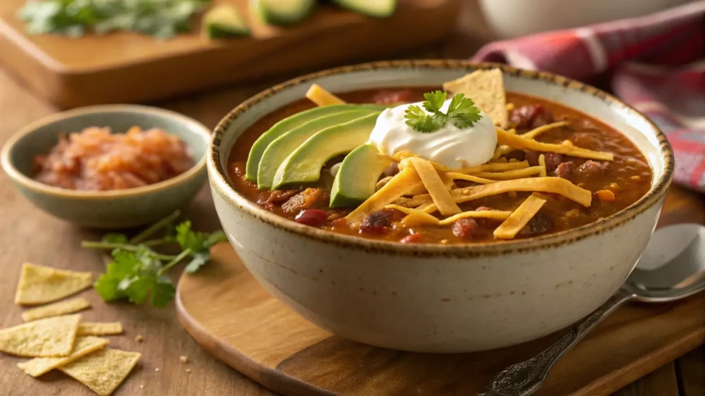 Chilled taco soup topped with sour cream, cheese, and crispy tortilla strips. Perfect for a refreshing and flavorful meal.