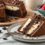 A close-up of a slice of chocolate cream cheese pound cake on a plate, showcasing its moist texture and rich, decadent chocolate flavor. Perfect for dessert lovers!