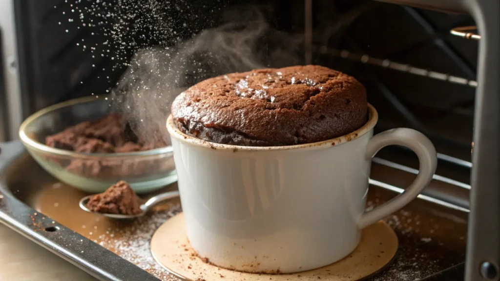 A delicious chocolate mug cake cooking in the microwave, showing its fluffy texture and perfect rise.