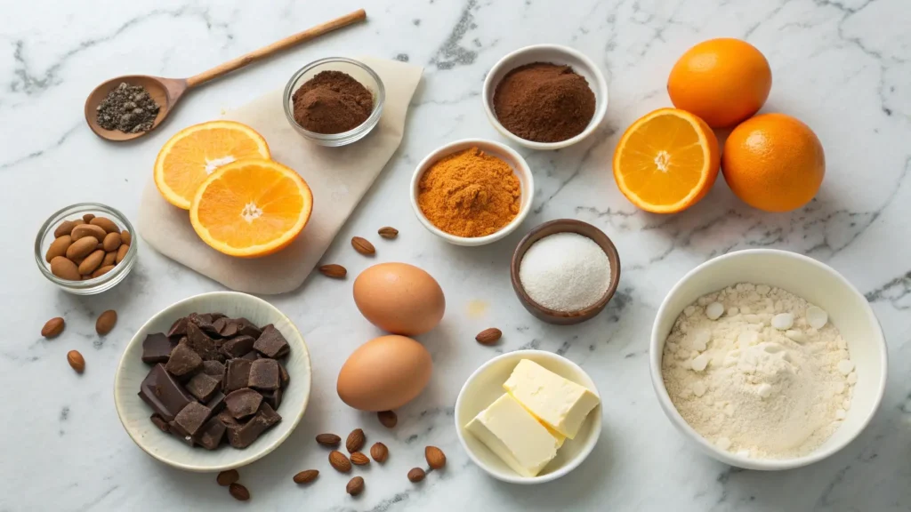 Essential ingredients for a chocolate orange almond cake recipe, including almond flour, oranges, cocoa powder, eggs, and butter, displayed on a marble surface.