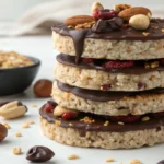 Stack of homemade chocolate rice cakes topped with melted dark chocolate, chopped nuts, and dried fruit, perfect for a healthy and delicious snack.