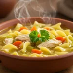 Delicious bowl of homemade chicken noodle soup, garnished with fresh parsley, perfect for a comforting meal on a cold day