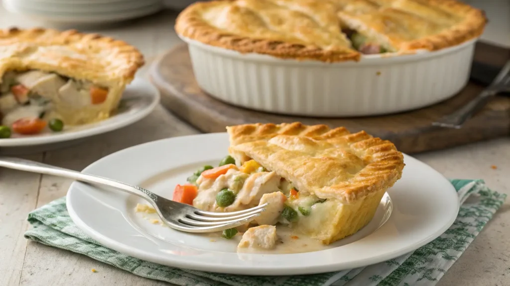 Classic chicken pot pie slice revealing creamy chicken and vegetable filling, served on a white plate with a fork.