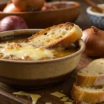 A warm bowl of classic onion soup with melted cheese and crispy baguette, perfect for a cozy, comforting meal.