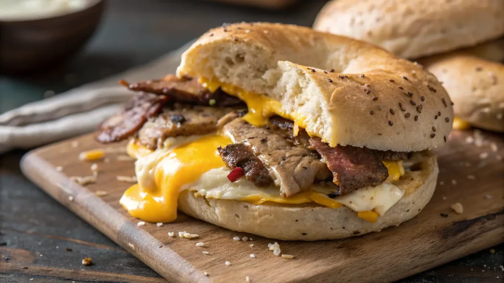 A delicious steak egg and cheese bagel with tender steak, melted cheese, and a perfectly cooked egg inside a toasted bagel, showcasing the perfect breakfast sandwich.