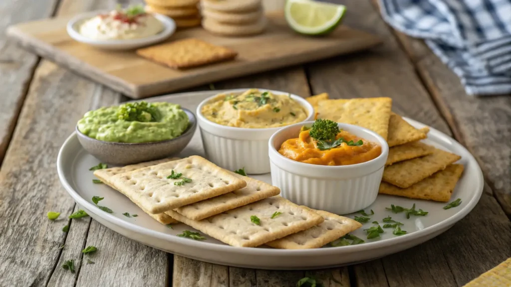 A plate of coconut butter crispy crackers served with an assortment of dips like guacamole and hummus, perfect for a healthy snack.