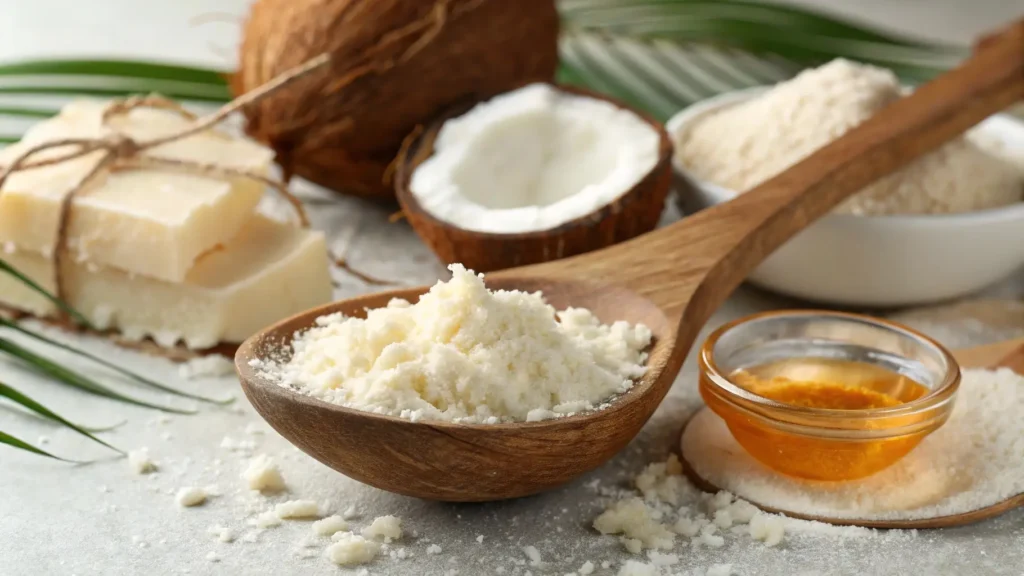 Close-up of smooth coconut butter on a wooden spoon with ingredients like honey and coconut flakes in the background, highlighting its role in crispy crackers.