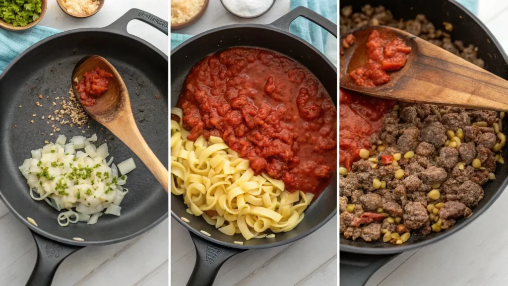 Cooking ground beef pasta with garlic, onions, and tomato sauce in a skillet for a delicious no-cream recipe.