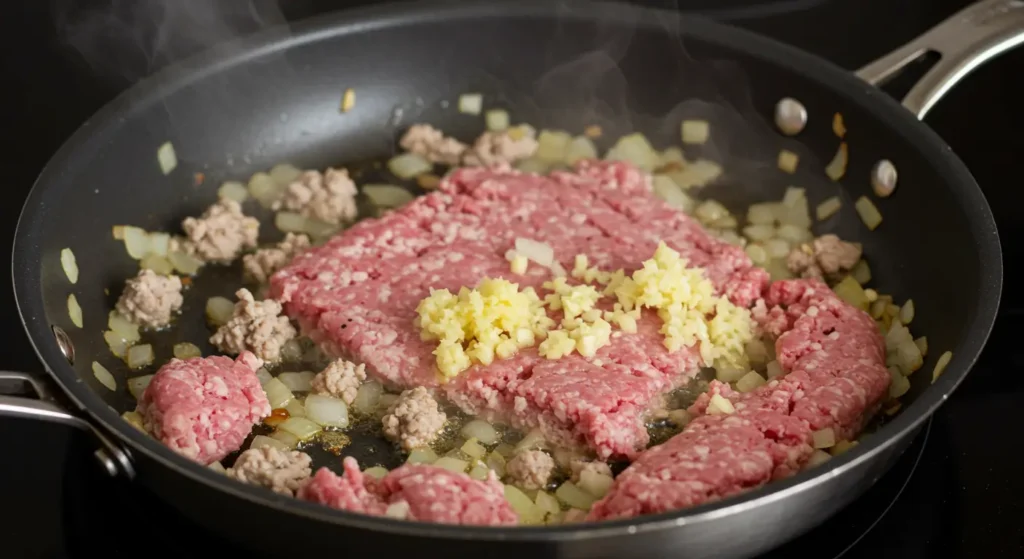 Sautéing ground turkey with onions and garlic in a skillet, preparing the base for the turkey cabbage casserole.