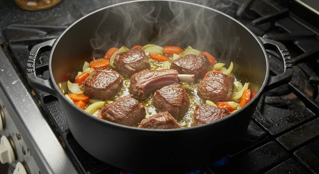 Browned lamb pieces and sautéed vegetables cooking in a Dutch oven for Lamb Ragu d'Abruzzo.