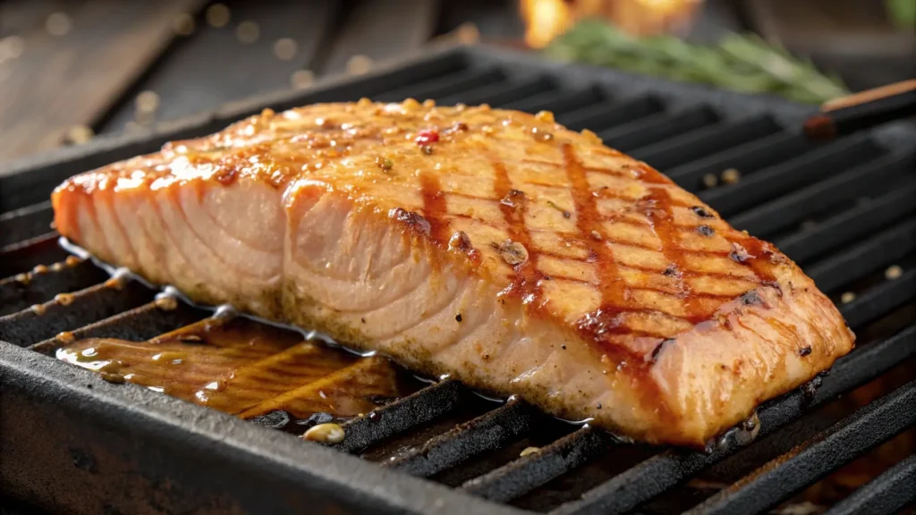 A perfectly cooked marinated salmon fillet being grilled with a glaze, showcasing cooking techniques.