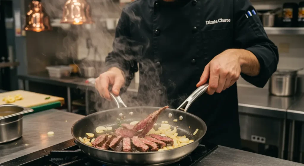 Show the cooking process with a close-up of the steak being sautéed, highlighting the caramelization of onions and the rich, savory textures of the ingredients.