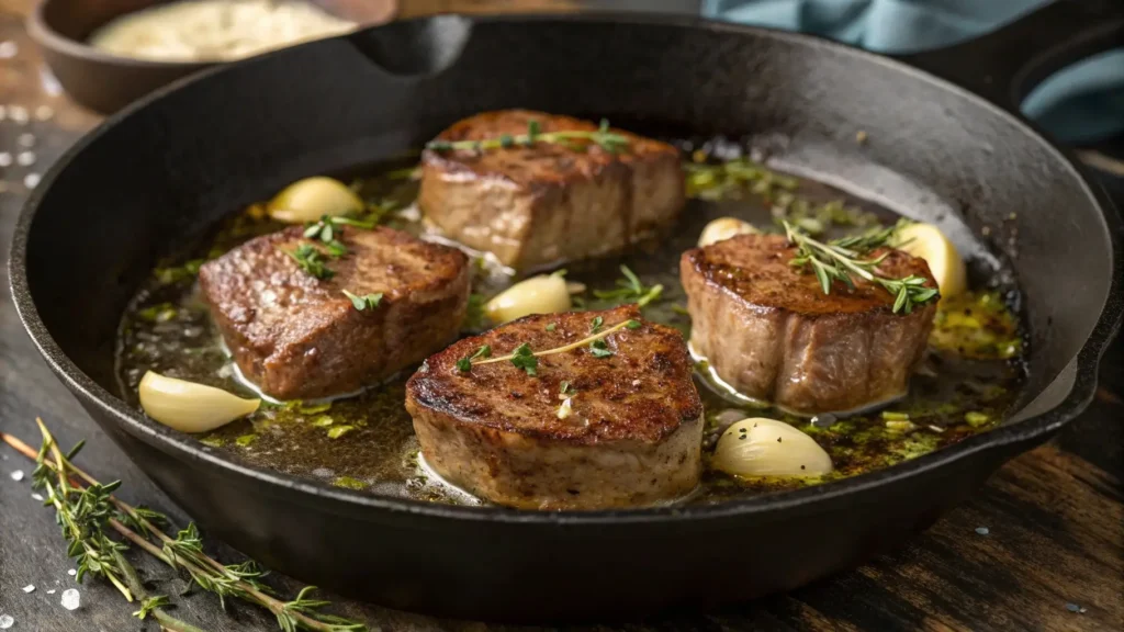 Seared steak bites cooking in garlic butter, with herbs and seasoning for a flavorful crust.