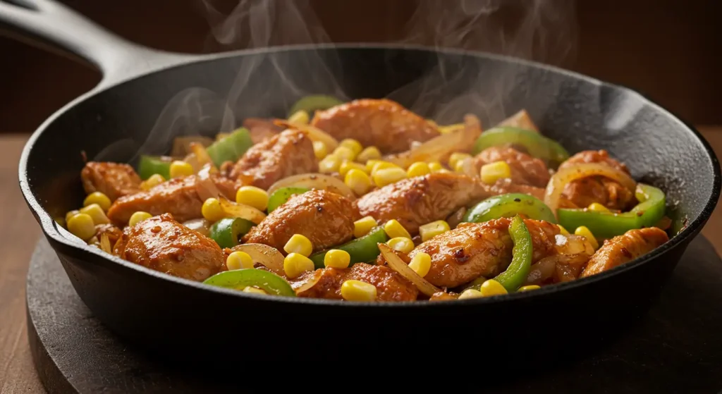 Skillet with sautéed vegetables and seasoned chicken for enchiladas